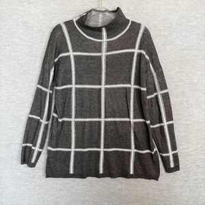 Grace‎ Elements Windowpane Mock Neck Sweater Women Size Large Gray White Tunic